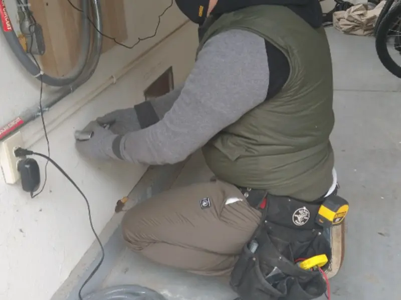 Electrician performing outlet wiring in a Lincolnwood garage
